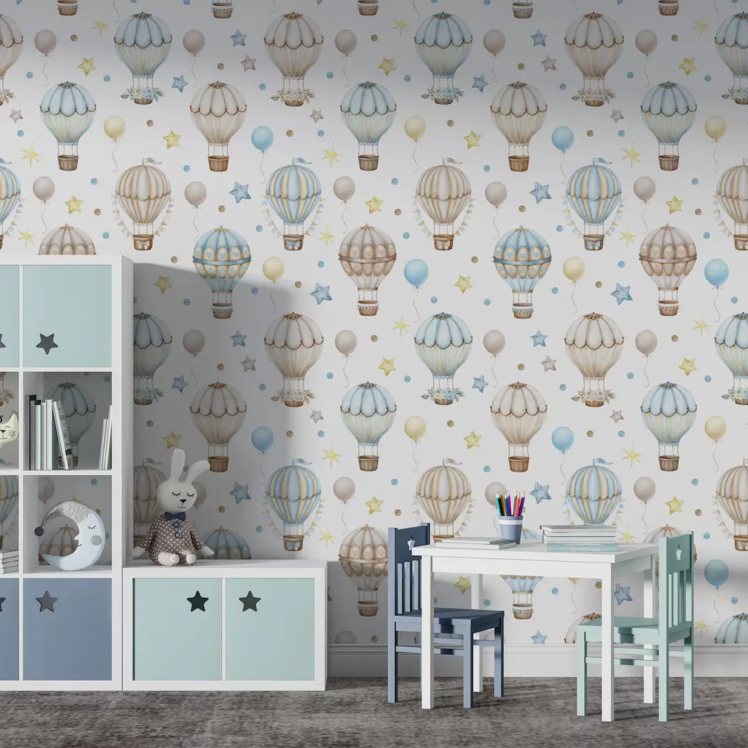 Enjoy - Pannello in parato bambino e bambina con mongolfiere colorate dim. L1.59m x H2.80m