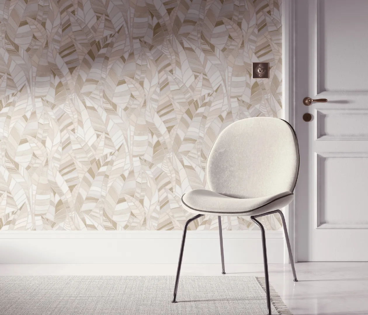 Chic e charm - Parato astratto, lievemente brillantinato con disegno foglie 