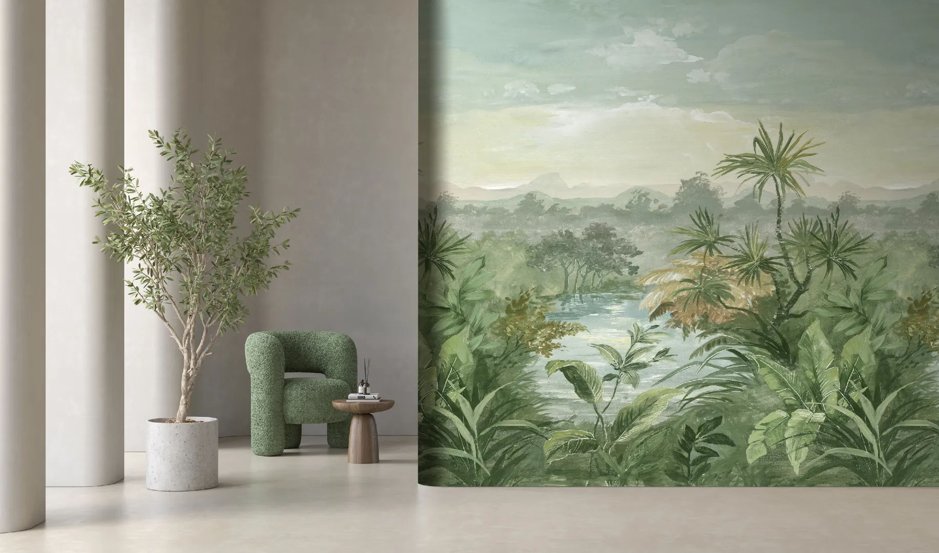 Feature Walls - Carta parato paesaggio tropicale effetto pittorico ripetibile. Dim. H2.80m x L2.12m