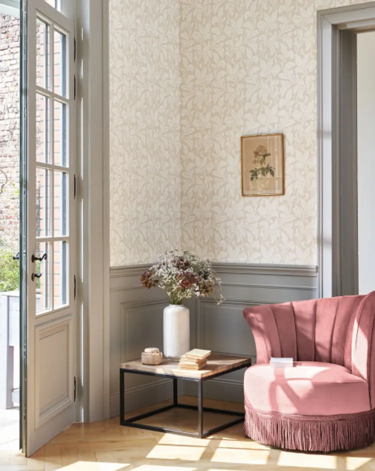 Arts  e Crafts - Carta da parato francese classico con foglie di acanto effetti luce